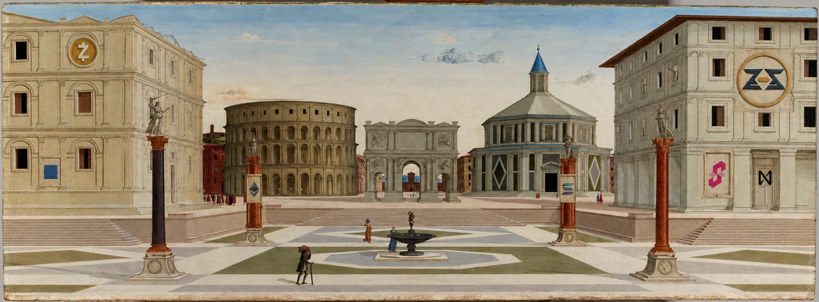 An adaptation of The Ideal City: people meet in an open piazza, surrounded by Renaissance architecture.